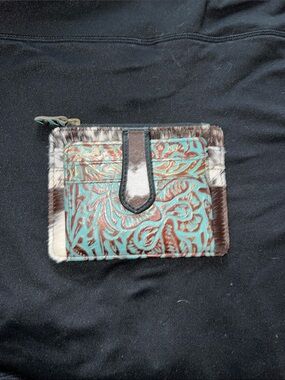 EUC~Myra Bag Turquoise Trim Brown & White Hair-On Card Wallet